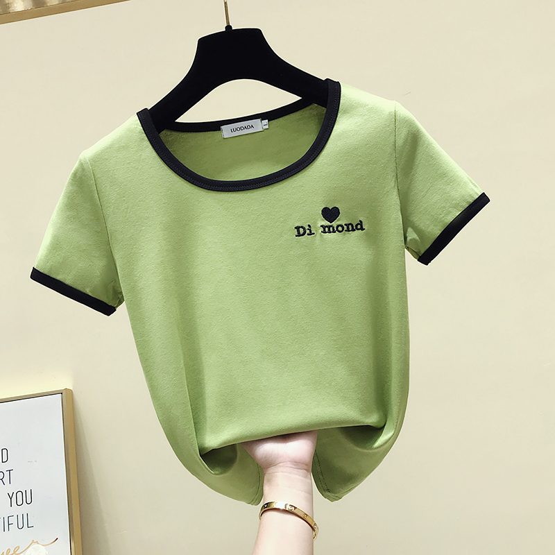 Greenavocado green T-shirt female Short sleeve 2021 summer new pattern Tight fitting Embroidery letter ins tide jacket pure cotton Compassionate