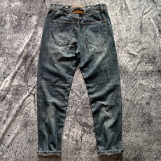 Баррет материал 时尚潮牌秋冬加厚全棉做旧复古深蓝色牛仔裤男美式直筒日系男长裤