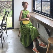 Real shot 2019 hè mới dành cho nữ phiên bản Hàn Quốc màu xanh lá cây không tay rộng màu xanh - váy đầm