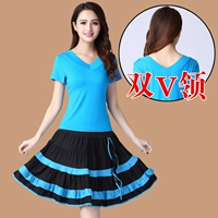 Двойная v -neck коротко -севенный озеро синий топ+Blue Big Big юбка