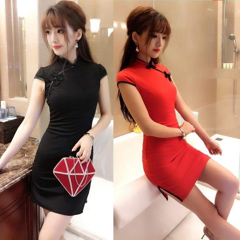 Short retro sexy summer clothing, mini-skirt, short sleeve dress, cheongsam, bright catchy style, hip-accented, slim fit