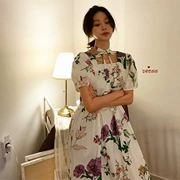 Liangliang nhà mùa hè mới Hàn Quốc chic retro bow ruy băng phồng tay áo ngọt ngào in váy dài váy