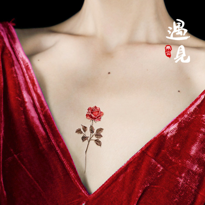 Ink imprint rose tattoo stick red hand back tattoo small pattern fresh flower waterproof female lasting ear