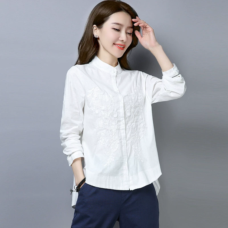 Văn học và nghệ thuật retro áo sơ mi cotton và vải lanh của phụ nữ ngành công nghiệp nặng thêu áo sơ mi cổ đứng mùa xuân và mùa hè áo sơ mi cơ bản mới áo cardigan - Áo sơ mi