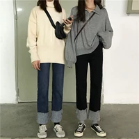 Демисезонные джинсы, штаны, леггинсы, высокая талия, большой размер, 2018, в корейском стиле, свободный прямой крой