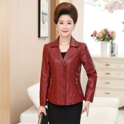Áo khoác da nữ mùa xuân trung niên ngắn 40-50 tuổi Mẹ tải áo khoác da PU Phụ nữ trung niên áo khoác dài tay
