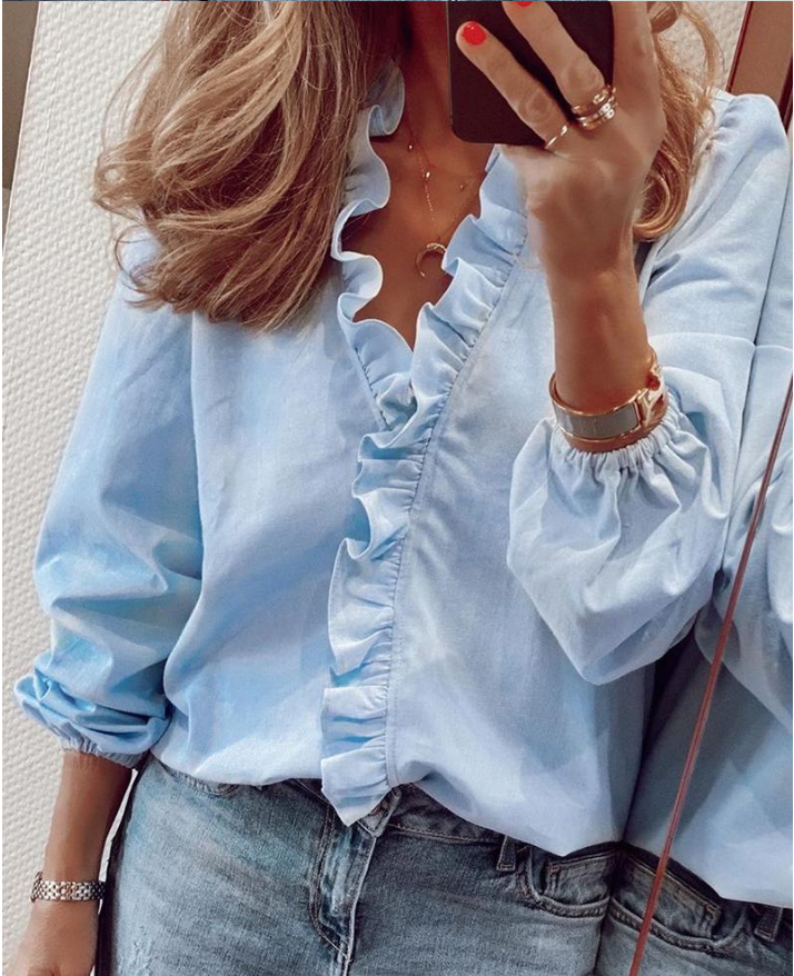 Sky Bluewish Express Express ebay Spring and summer European style new pattern Long sleeve Ruffles shirt Women shirt