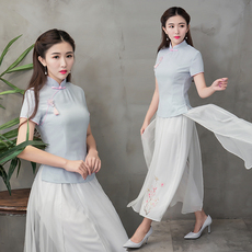 6105#2019夏季新款民国风旗袍两件套 中式复古中国风唐装茶艺服女