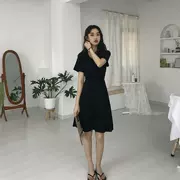 Mùa hè Hàn Quốc Phụ nữ Hepburn gió eo nhỏ váy đen váy dài nữ mỏng V-cổ Một váy váy thủy triều - A-Line Váy