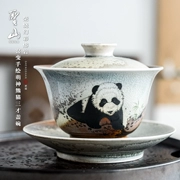 Sheng Sơn Chai lò thay đổi vẽ tay gấu trúc bát bát Jingdezhen Kungfu bộ trà gốm ba mảnh bìa bát bát - Trà sứ