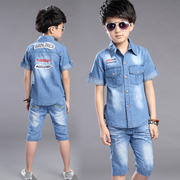 Trai áo sơ mi ngắn tay denim phù hợp với trẻ em mùa hè hai mảnh phù hợp với trẻ em 10 tuổi 12 chàng trai mùa hè áo sơ mi mỏng 15