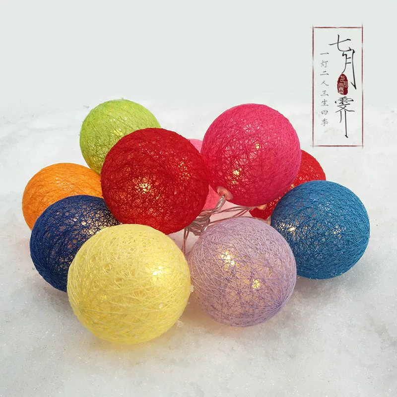 Украшение для комнаты Macaron, хлопковая нить, романтическая светодиодная маленькая гирлянда из хлопковых шариков вручная работа тайский