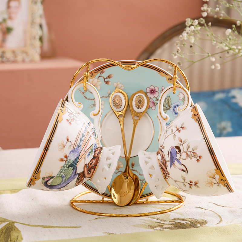 Blue 2 Cup Dishspoon + Shelf & Express PackageNew Chinese style Chinese style National tide coffee cup suit British style Small luxurious ceramics household good-looking afternoon tea tea set