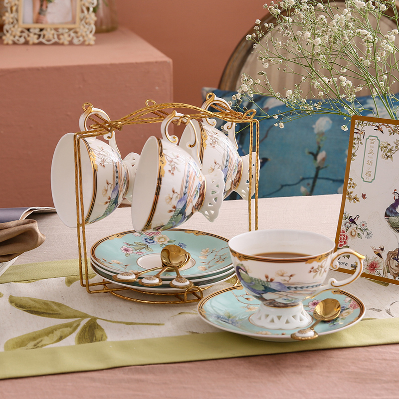 Blue 4 Cup Dishspoon + Shelf & Express PackageNew Chinese style Chinese style National tide coffee cup suit British style Small luxurious ceramics household good-looking afternoon tea tea set