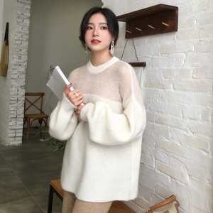 ◆ ASM ◆ 2018 mùa thu mới khâu vòng cổ áo len mohair đèn lồng tay áo lỏng tính khí áo len phụ nữ