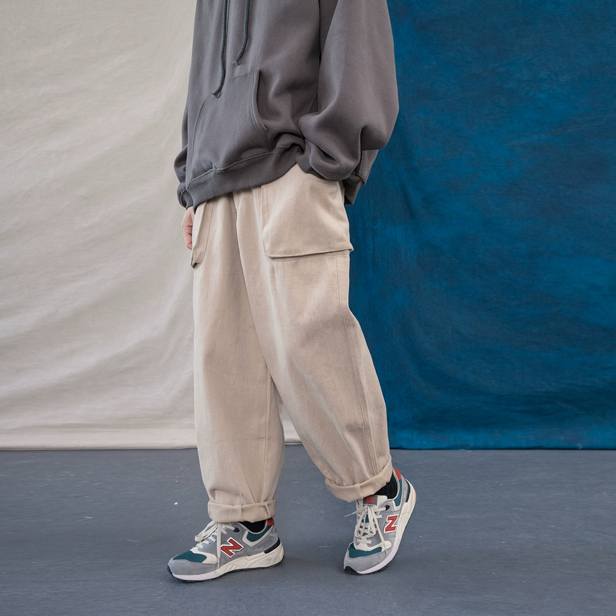 Ông Montmartre mùa thu và mùa đông thủy triều nam và quần áo bảo hộ lao động Nhật Bản quần rộng giản dị túi lớn quần củ cải thẳng hoang dã - 3/4 Jeans