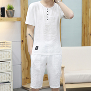 Người đàn ông siêu mỏng của mùa hè ngắn tay quần short t-shirt linen cotton linen hai mảnh tinh thần guy một phù hợp với mùa hè