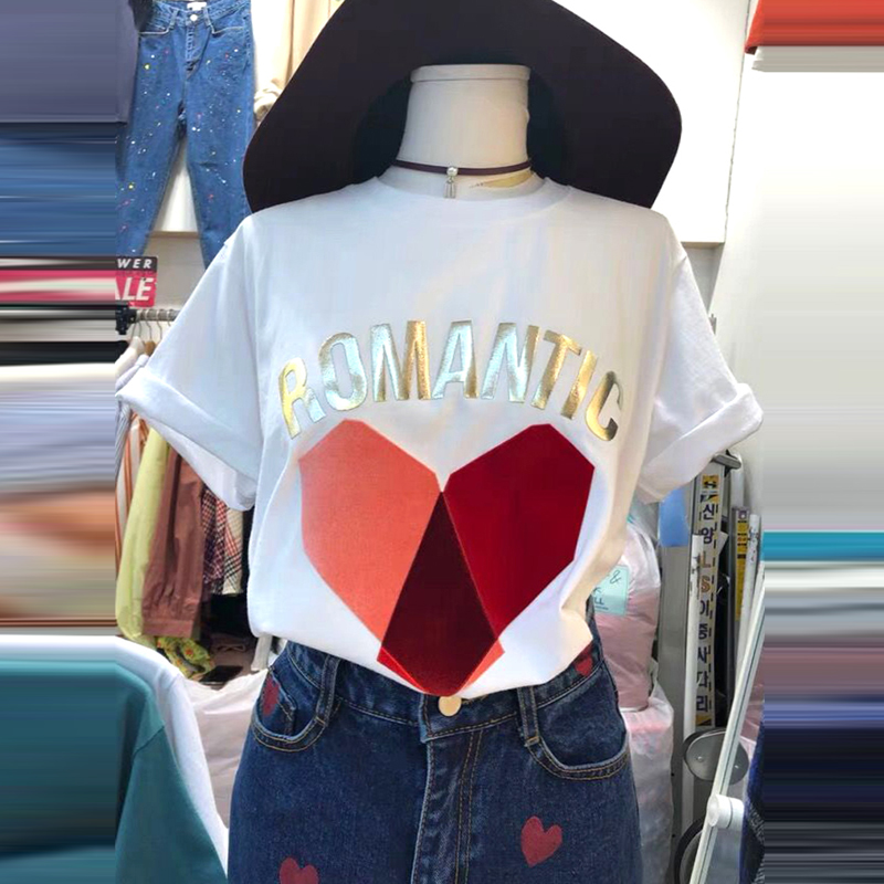 Korean version 2019 summer new wide letter printing loose love T-shirt girl students loose all-around T-Shirt Top trend