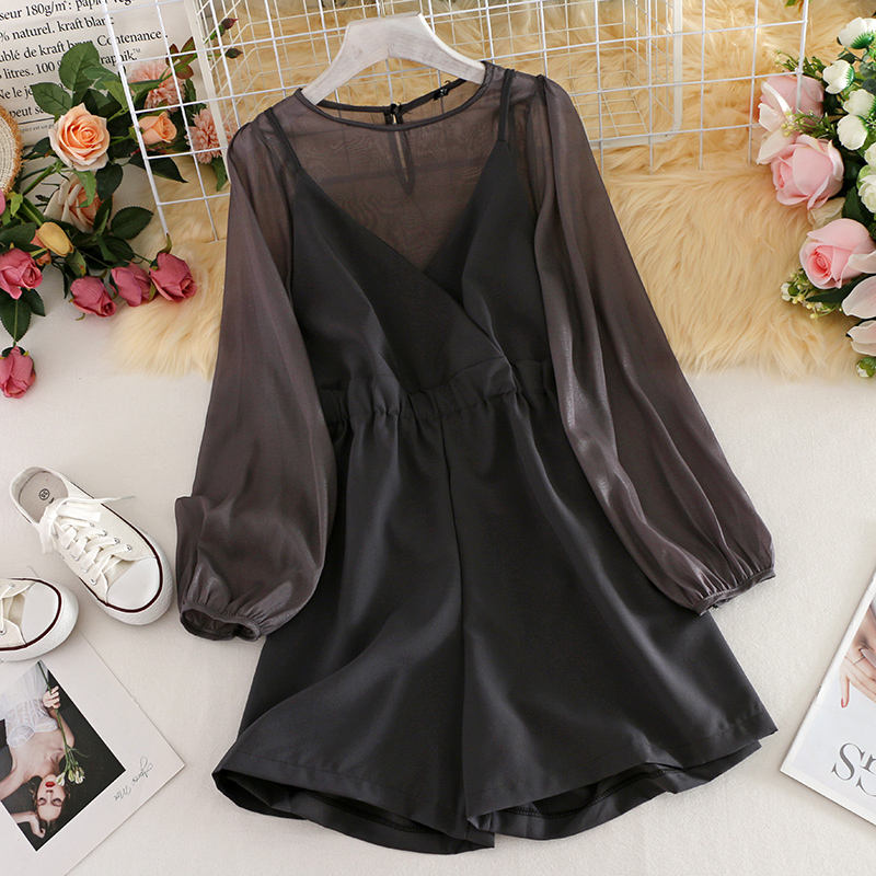 Greya35 rompers suit summer bishop sleeve Chiffon shirt + Foreign style age Korean version camisole Jumpsuits Two piece set 647