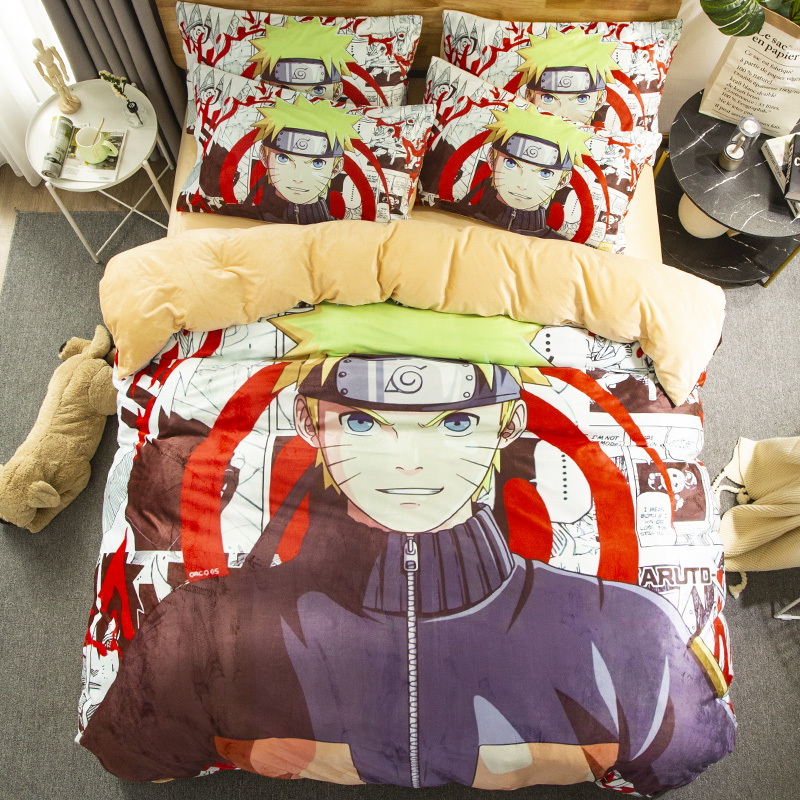 Lilac ColourCartoon comic Naruto sheet Four piece suit Yu Zhibo Weasel Quilt cover sheet dormitory Three piece set thickening keep warm