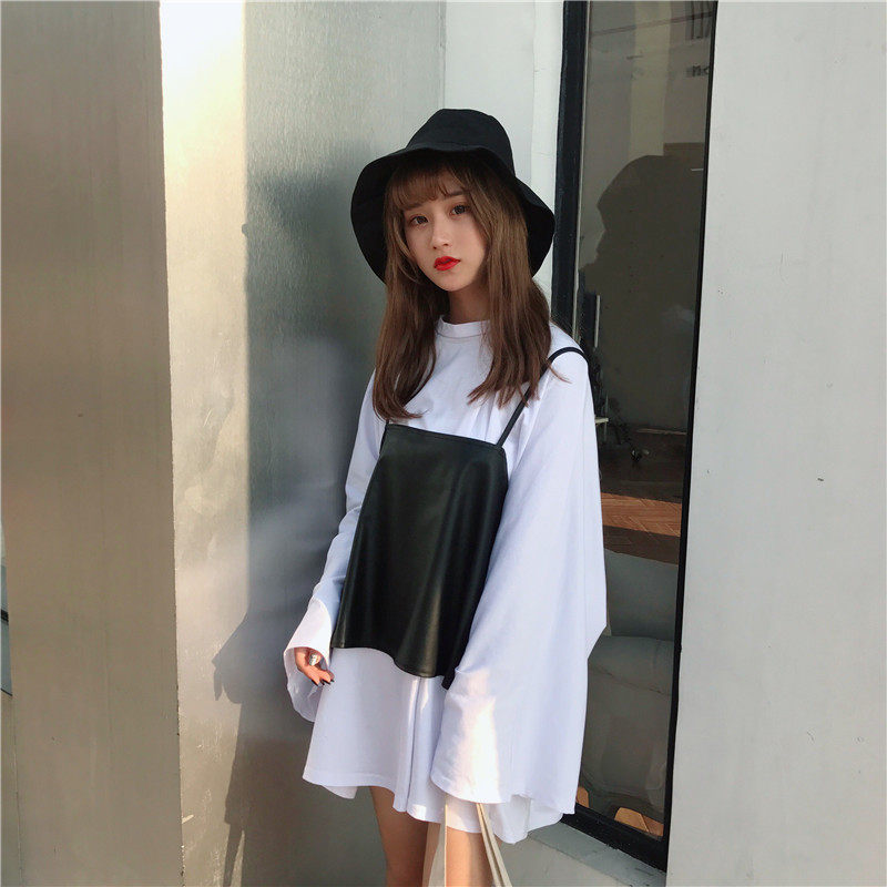 Hong Kong-phong cách retro chic phong cách thời trang hoang dã lỏng rộng tay trắng T-Shirt + Hàn Quốc da treo vest hai mảnh phù hợp với
