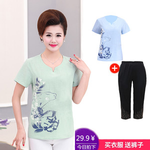 Phụ nữ trung niên của mùa hè áo sơ mi ngắn tay cotton và linen T-Shirt kích thước lớn trung niên mẹ nạp lỏng kích thước lớn 2017 new