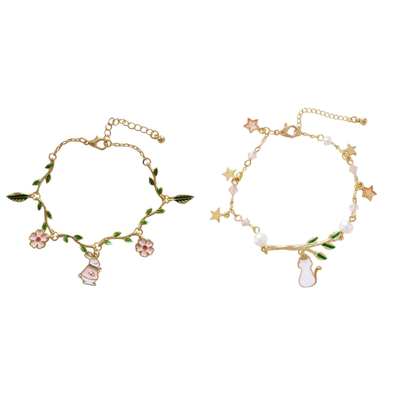 Green Leaf Rabbit + Green Leaf Cat (Gift Box)Japan and Korea Rabbit Kitty unicorn animal Bracelet lovely Simplicity Love form student Girlish ornaments