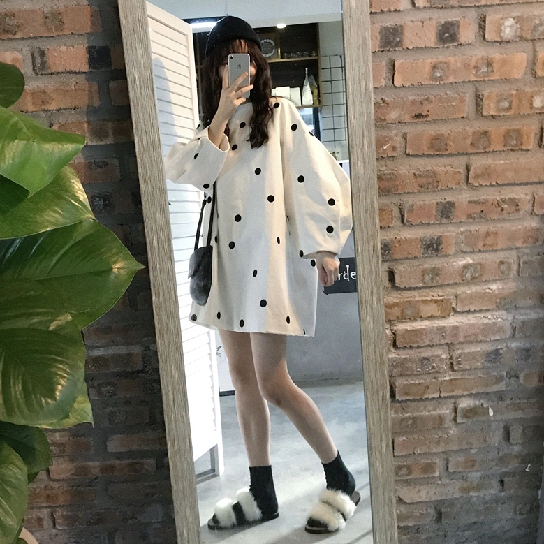 Mùa thu của Phụ nữ Hàn Quốc Retro Polka Dot Lantern Doll Tay áo Dài tay Váy lỏng Cơ sở Tính khí Váy dài trung bình - Váy dài