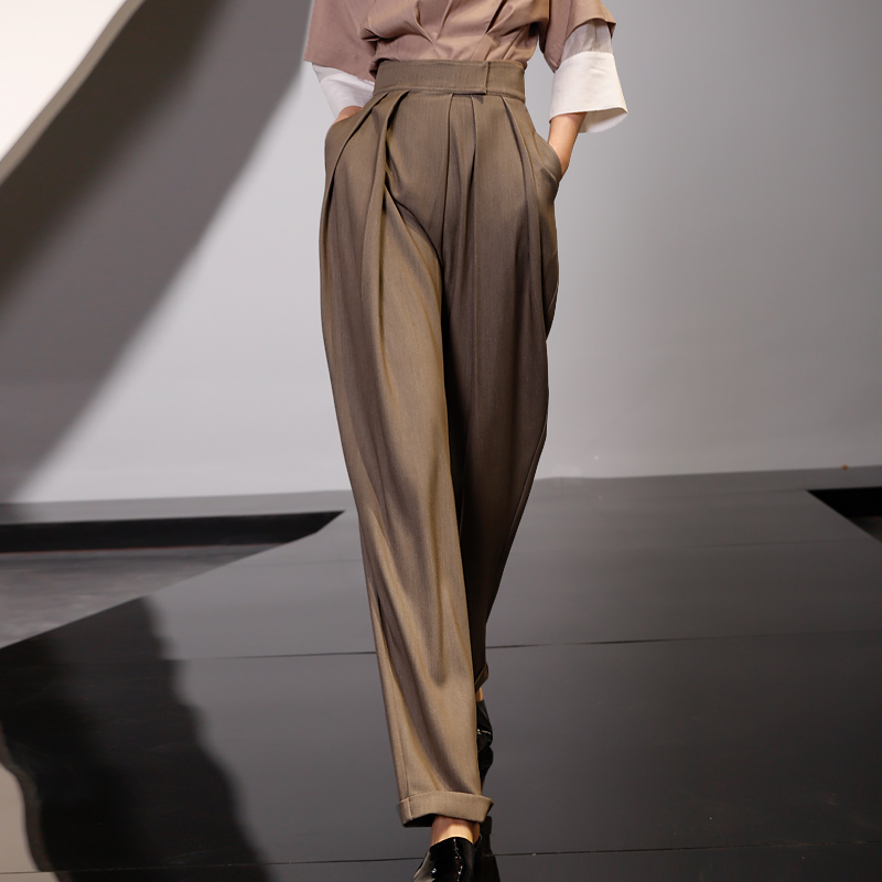 KhakiEuropean station High waist Wide leg pants female 2021 new pattern Spring and summer Sagging sensation khaki trousers temperament Straight tube Casual pants
