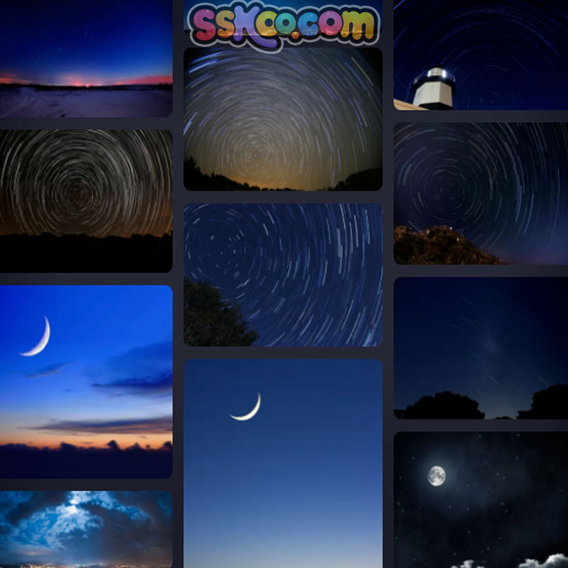 夜空日月繁星星轨插图照片风景壁纸高清4K摄影图片设计背景素材
