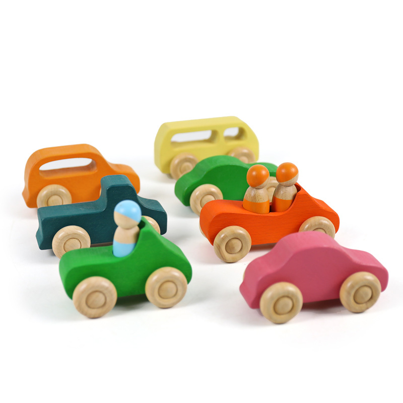 Beech: 7 Cars And 3 PeopleRainbow Series weather scene build Solid wood Building blocks granule Toys Frosted ball Forest Tree  house Coral