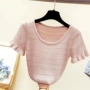 2018 mùa hè mới Hàn Quốc phiên bản của vòng cổ nấm băng lụa dệt kim ngắn tay T-Shirt nữ hoang dã mỏng đáy áo mỏng áo len nữ hàng hiệu