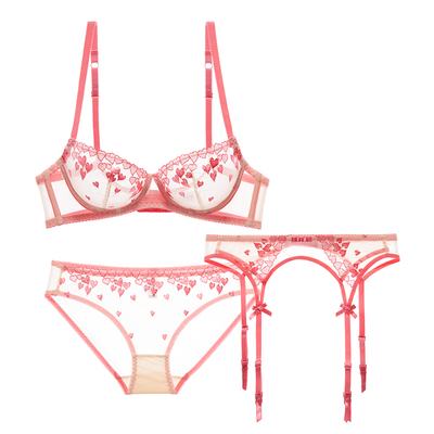 少女美屋超薄文胸性感无海绵粉色爱心内衣内裤吊袜带丝袜三件套装-淘宝网