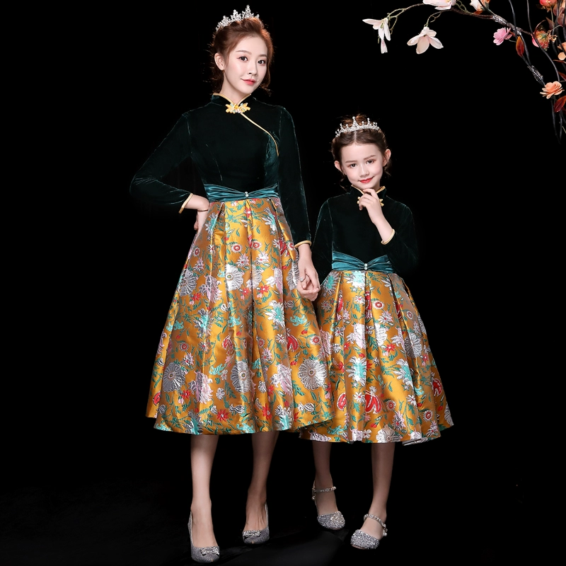 Đầm bố mẹ-con đầm mẹ 2020 Phụ nữ kiểu Trung Quốc Đầm sườn xám Trung Quốc dài tay váy thời trang - Trang phục dành cho cha mẹ và con