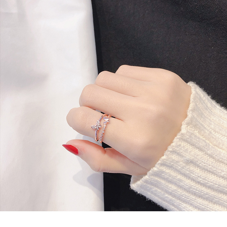 Double Butterfly Rose Goldma'am Opening Ring female fashion personality ins tide index finger ring Cold wind solar system Light luxury Internet celebrity Prime circle Abstain