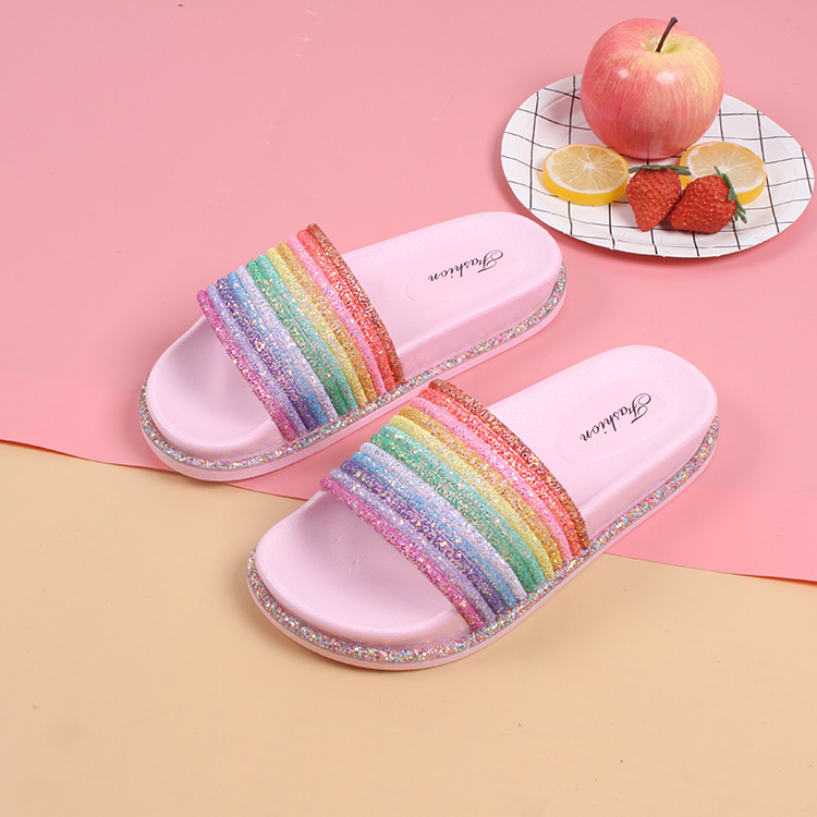 25899 Rainbow Flip Flop - PinkHolly shark summer new pattern Korean version indoor Wear out Color matching rainbow Thick bottom slipper Leisure fashion youth Flip flop shoes