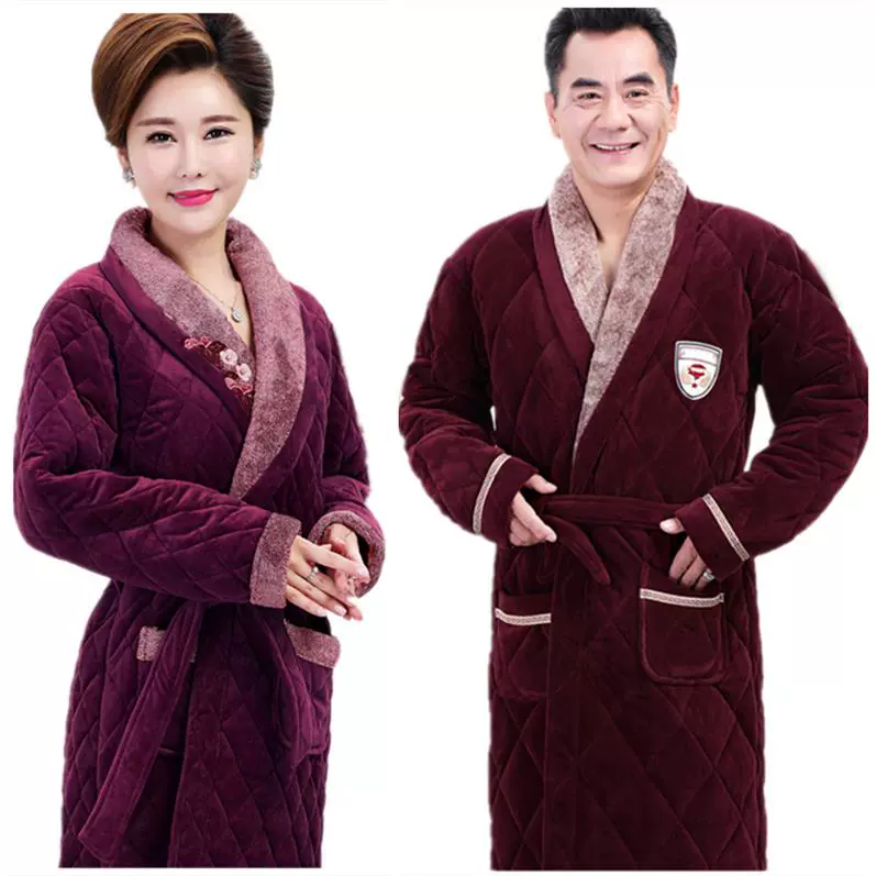 Bộ đồ ngủ bằng vải nhung dày ba lớp có đệm cho nam và nữ 60-70-80 tuổi áo choàng dài và trung niên - Night Robe