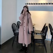 Mùa xuân Hàn Quốc phụ nữ lỏng lẻo retro áo len dài trùm đầu áo khoác len đơn ngực - Trung bình và dài Coat
