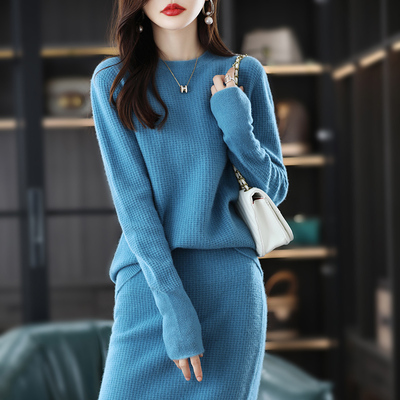 taobao agent Demi-season velvet scarf, sweater, woolen knitted set, pleated skirt, round collar, 100 sample