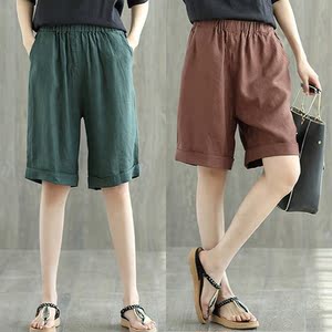 Bông và vải lanh quần short nữ mùa hè lỏng kích thước lớn chân rộng năm quần thoải mái hoang dã đàn hồi eo linen quần âu