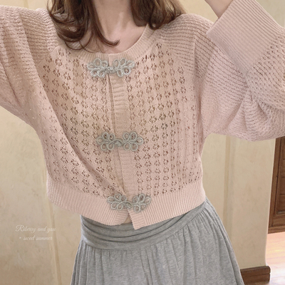 taobao agent TT gauze hollow Chinese wind plate buckle rension sleeve short knitted cardigan K