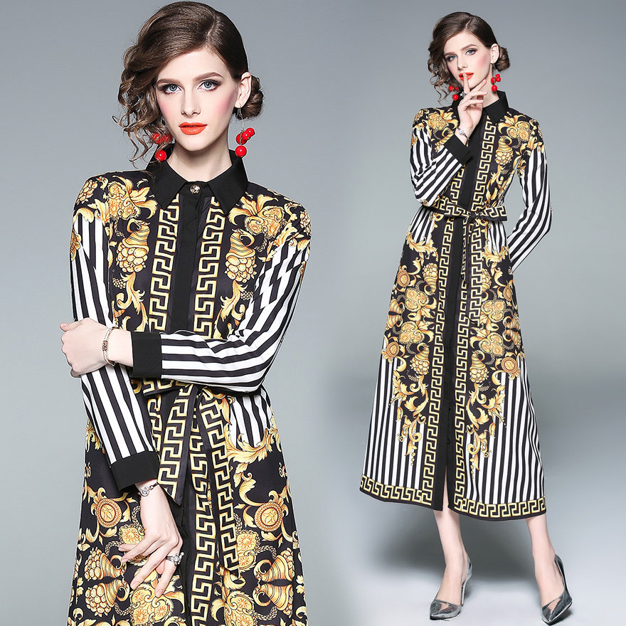 实拍现货3167#欧洲站复古宫廷印花条纹翻领收腰衬衫式连衣裙