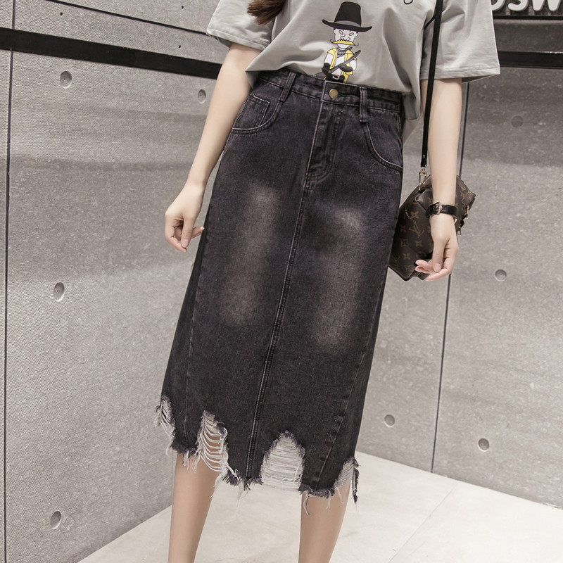 实拍5108# 2017韩版春夏新款百搭高腰破烂中长裙牛仔a字裙