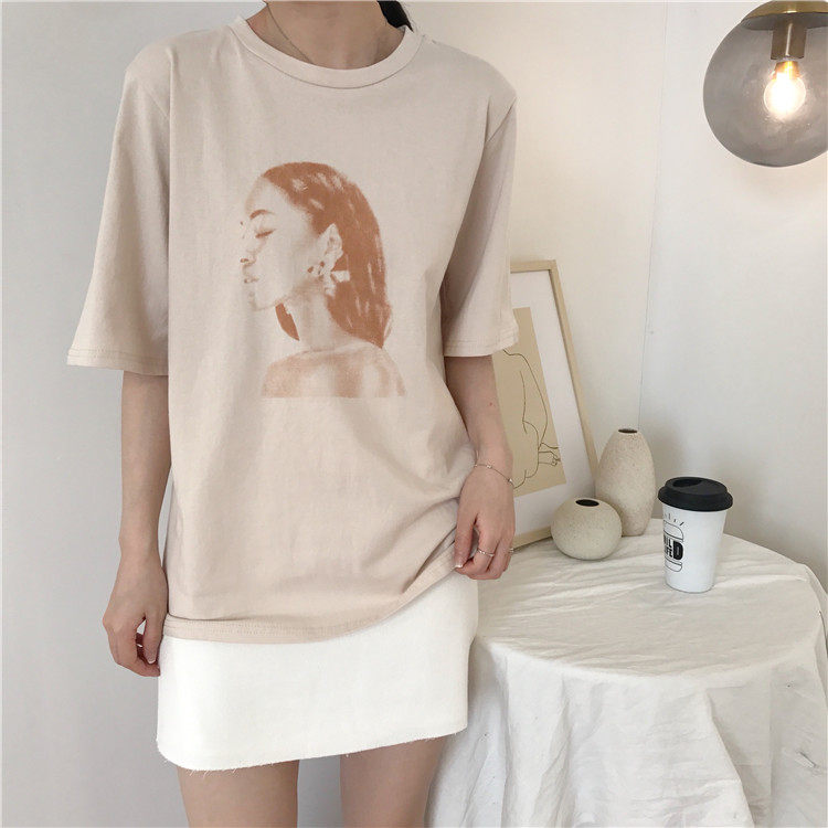 1046# 新款时尚韩版圆领印花人头像短袖女宽松白色装t恤上衣!