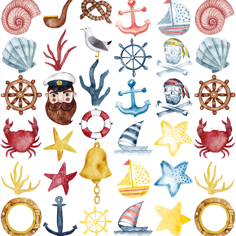 海盗船长航海帆船海螺海洋手绘水彩剪贴画插画PNG免扣设计素材