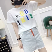 Hui Yi Ge cotton mùa hè ngắn tay cổ tròn T-Shirt giản dị hoang dã căng cotton t-shirt chữ thêu áo sơ mi nữ