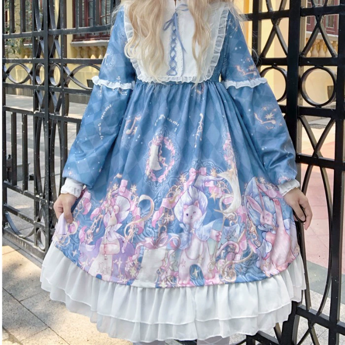 Korean Mushroom Cool {spot} ~ Thiết kế ban đầu của nhà máy Nhật Bản Lolita magic cat dress Đầm dài tay dài eo cao - Váy eo cao