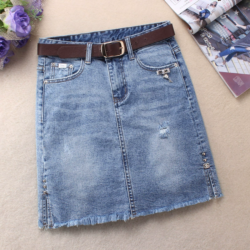 Váy denim nữ 2021 mùa thu mới nửa chiều dài váy nữ thun nữ váy ngắn hình chữ A túi cạp cao hông váy một bước mỏng - Váy