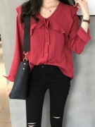 Mùa xuân 2019 mới của phụ nữ cổ áo sơ mi búp bê nữ dài tay xù áo phiên bản Hàn Quốc của áo sơ mi màu cơ bản thủy triều - Áo sơ mi dài tay