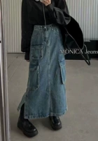 Модная осенняя длинная юбка, джинсовая юбка, высокая талия